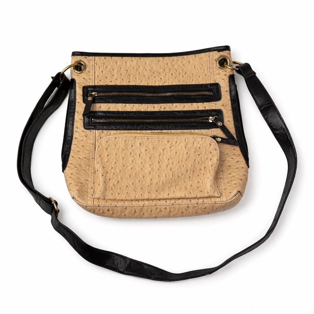 GAL Ostrich Embossed Leather Crossbody Bag Beige Black Trim Multi Zip Vintage